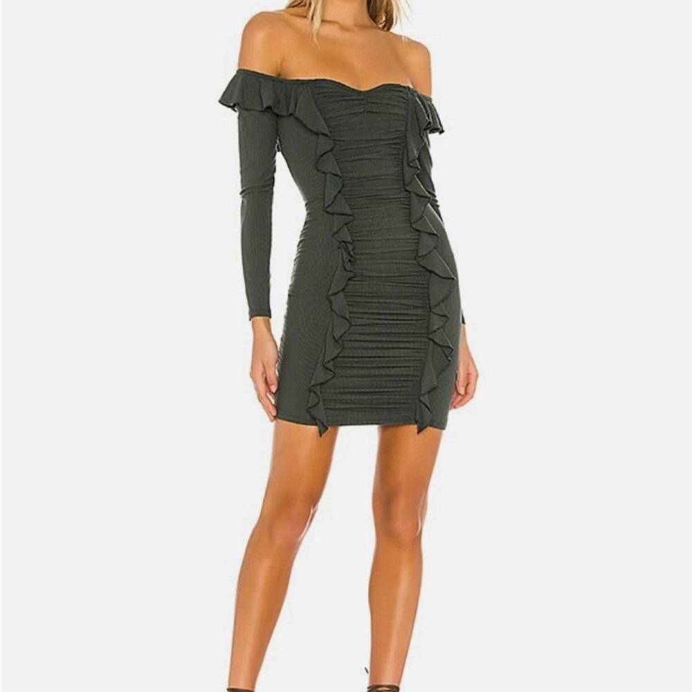 MAJORELLE Dark Green Off-Shoulder Dress